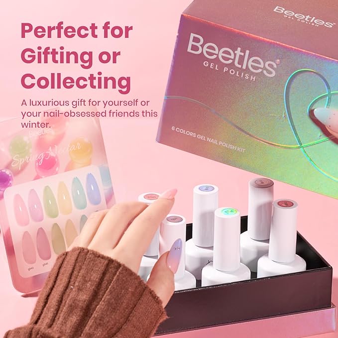 Beetles Spring Nectar Jelly Gel Nail Polish Set - 6 Colors 15ML Pastel Gel Polish Kit Pink Purple Blue Mint Green Yellow Sheer Translucent Effect Soak Off UV Nail Art Manicure Gift for Women