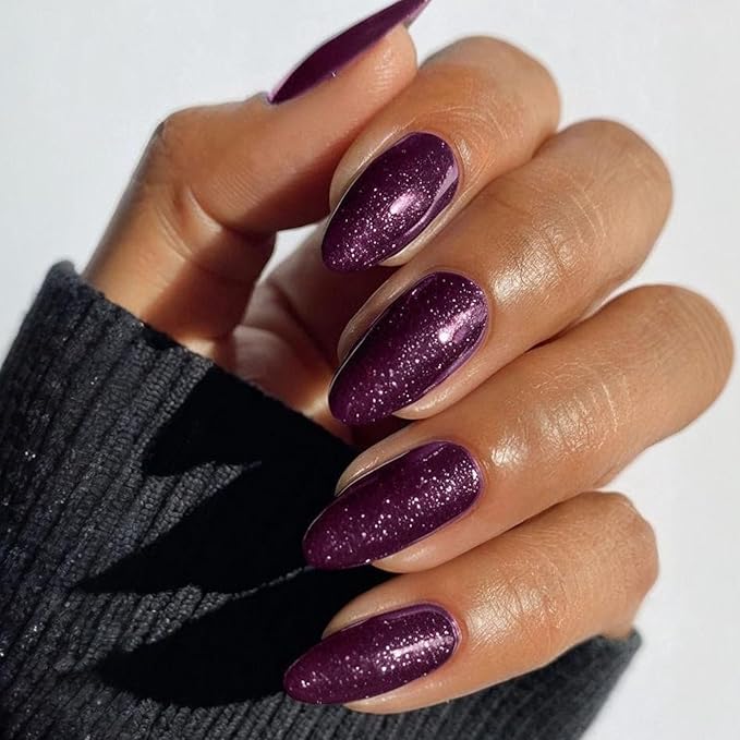 Purple Glitter Semi Cured Gel Nail Strips 20Pcs Gel Nail Stickers Polish Nails Wraps UV/LED Light Needed Glossy Nails Polish Strips for Women Includes Prep Pads, File, Wooden Cuticle Stick