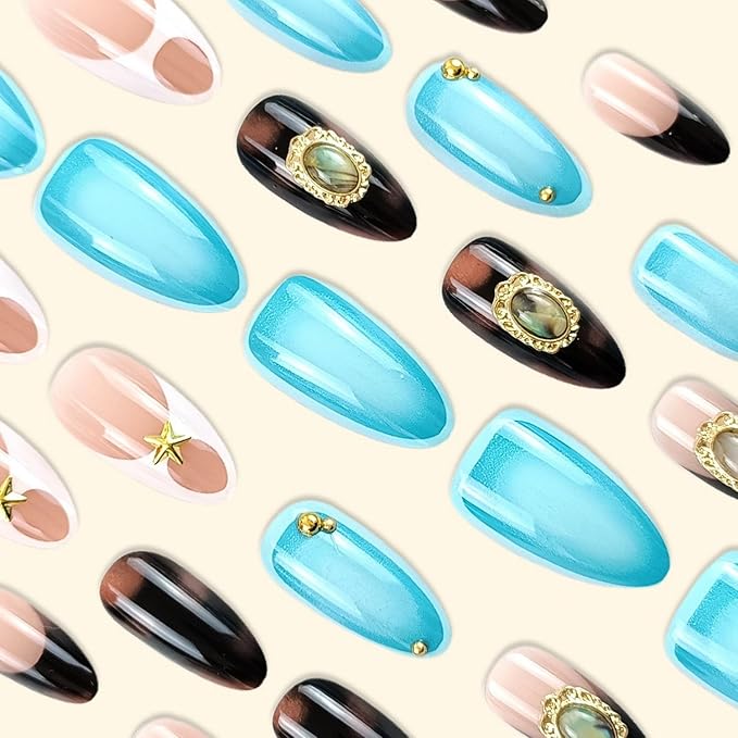 Medium Almond French Tip Press On Nails, 24pcs Full Cover Nails, 12 Sizes, Glossy Finish, Leopard Print, Stars, Gemstone Gold Designs