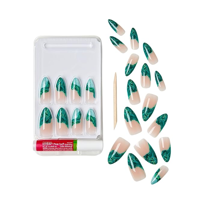 Goldfinger Trendy False Nails Kit, Long Almond Design Nail, Nature Inspired Refreshing Elegant Marble Green Print, Ready to Wear Gel & Manicure Stick Included, Long-Lasting Convenient & Easy to Apply