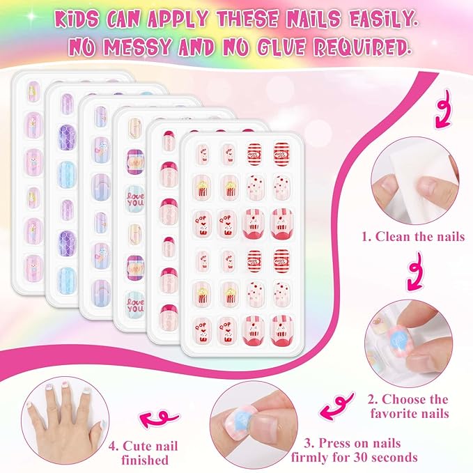 144 Pcs Press on Nails for Girls, Stick On Nails for Kids Short Acrylic Fake Nails Cute Nails Art Stuff for Little Girl 8-10