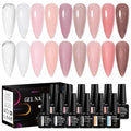 MEET ACROSS Rubber Gel Base Coat for Nails, 12Pcs Jelly Rubber Base Gel Polish for Nails Shiny Nude Sheer White Pink Long Lasting Protect Soak Off U V LED Builder Gel For Thin Weak Nails
