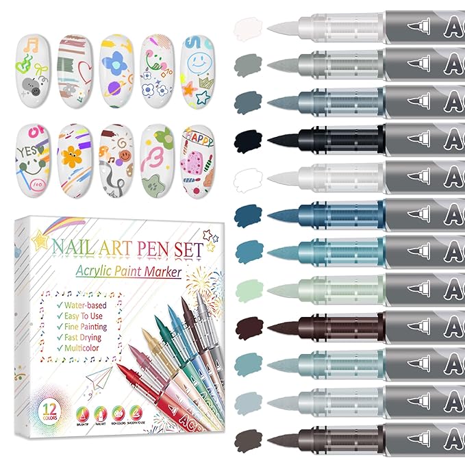 12 Colors Nail Art Pens Set, Nail Art Markers Polish Pens for Painting Nails, Acrylic Paint Drawing Painting Dotting Markers Pen Quick Drying Nail Art Design Manicure Tools 03 Gray