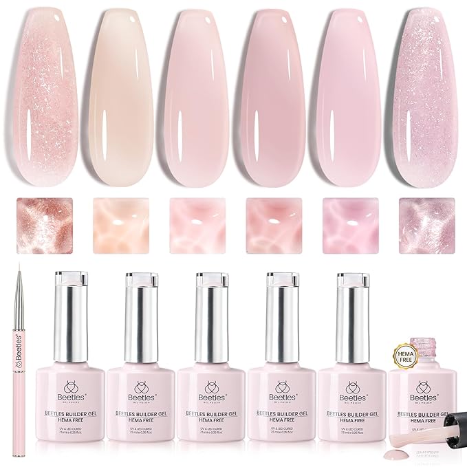 Beetles HEMA-FREE & TPO FREE Builder Nail Gel-Muted Bloom 6 Colors Strengthening Nails Building Apex & Extension for Beginner DIY Salon at Home,Jelly Nude Pink Glitter Builder Gels UV & LED Lamp Need