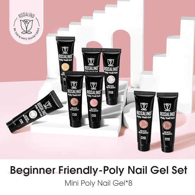 ROSALIND Poly Nail Gel Set, 8 Colors 10g Clear Nude Poly Extension Gel Nail Set, Glitter Shiny Poly Nail Gel Kit Builder Nude Gel Extension Kit for Nail Art Design Easy DIY Gift for Women