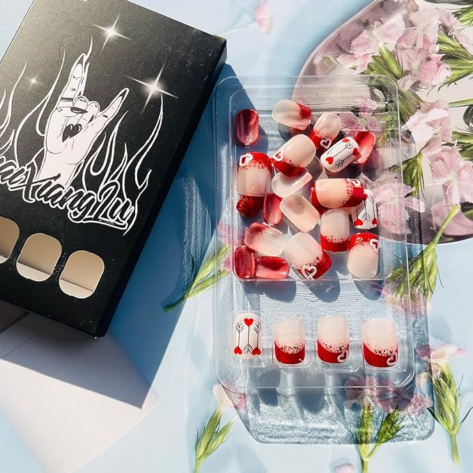 Valentines French Tip Press on Nails Short Square False Nails Red Heart Valentines Nails Design Glossy Glue on Nails Artificial Stick on Nails Full Cover Acrylic Nails for Girls Women 24Pcs