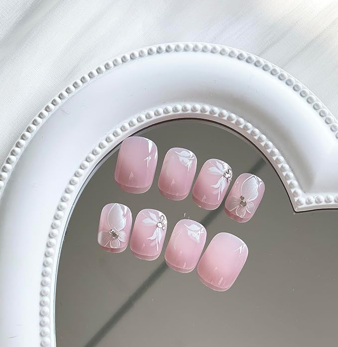 Pink Glitter Butterfly False Nails - 24pcs Full Cover Glossy Glue on Acrylic Artificial Nails