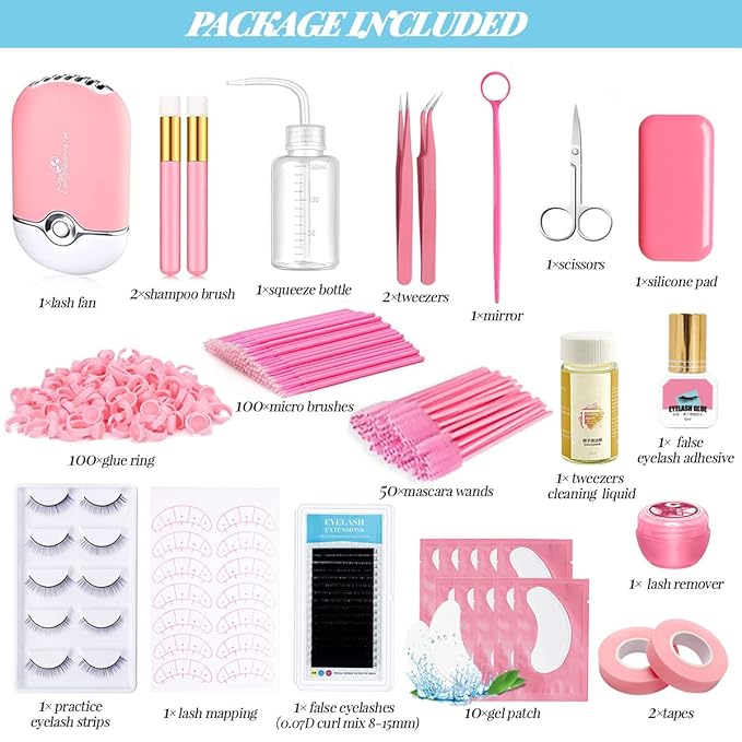 Lash Extension Kit Professional USB Eyelash Fan Individual 0.07D Curl Mix 8-15mm Extra Strong Glue Lash Glue Remover Eye Patch Silicone Pad Tapes,Perfect Tool for Beginner