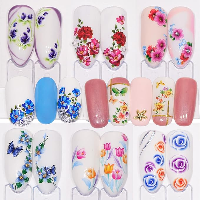 55 Sheets Flowers Nail Art Stickers, Holographic Floral Butterfly Bird Nail Art Decals, Small Flower Water Transfer Nail Decal Designs Supplies for Women Girls Manicure Decorations Nail Sticker Set
