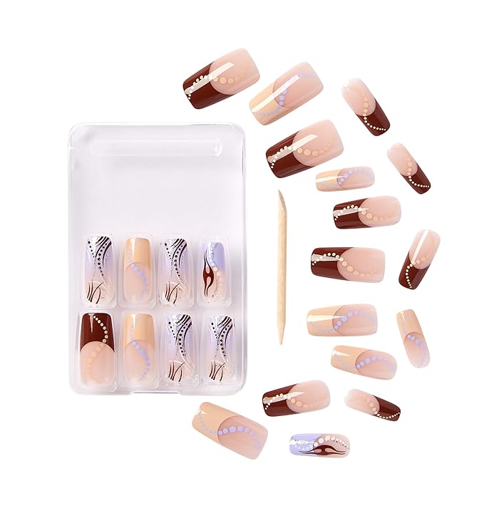 Goldfinger Trendy False Nails Kit, Long Squoval Design Nail, Playful Simple Artistic Sheer Nude Print, Ready to Wear Gel & Manicure Stick Included, Long-Lasting Convenient & Easy to Apply