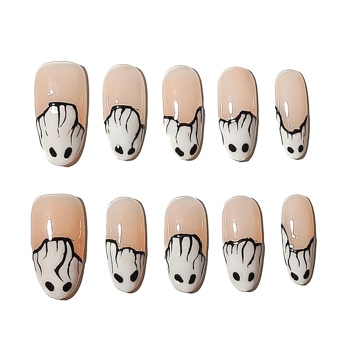Sun&Beam Nails Handmade Press-on Medium Amlond Nude Beige Black White Minimalist Cartoon glossy Design Fashion False Nail Tips 10 Pcs Set (#188 L)