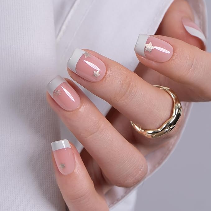 CurvLife Soft Gel Press On Nails Square, Long-Lasting Reusable Fake Nails Kit with Glue & Tabs, 30pcs Salon-Quality Stick On Nails for Women At-Home Manicure (Star French)