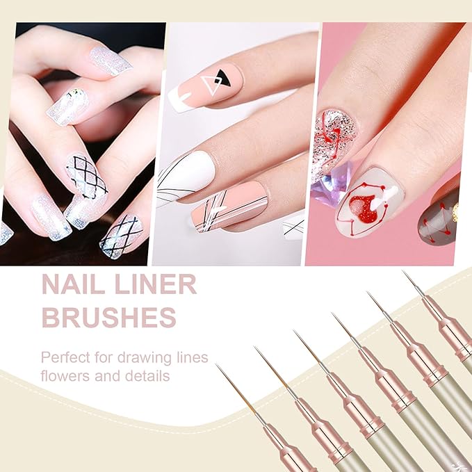 6Pcs Nail Art Liner Brushes, Striping Nail Art Brush for Gel Polish Painting, Thin Detail Brush Fine Drawing Art Design Pen Size 5/7/9/11/15/25mm