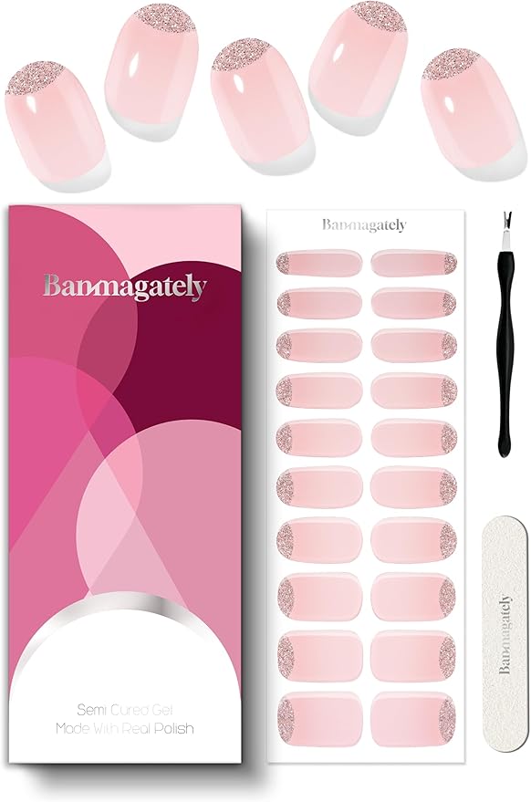 Semi Cured Gel Nail Strips, 20Pcs Long Lasting Salon Quality Wraps, Easy Apply & Remove Gel Nail Stickers with UV Light (Silk Halo Shine Pink)