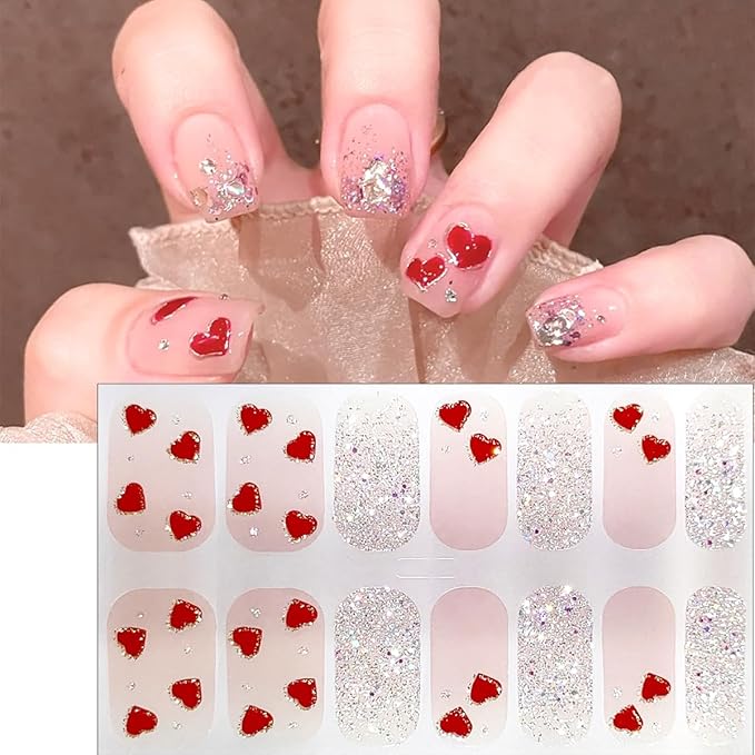 4Sheets Valentines Day Gel Nail Stickers Romantic Love Heart Nail Polish Strips Glitter Gel Nail Wraps Self Adhesive Cute Bow Nail Polish Stickers French Heart Full Wrap Nail Decals for Women Manicure