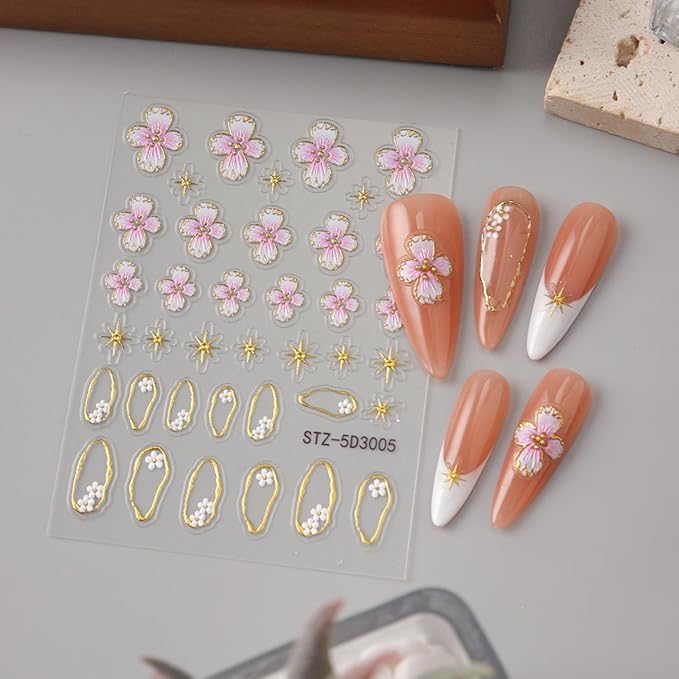 Stickers para Uñas Nail Stickers Self-Adhesive Sticker Gold Pink 3D Wild Flower Calcomanías para Uñas Gold Floral Art Design Accessories Hight Quality 4 Sheets