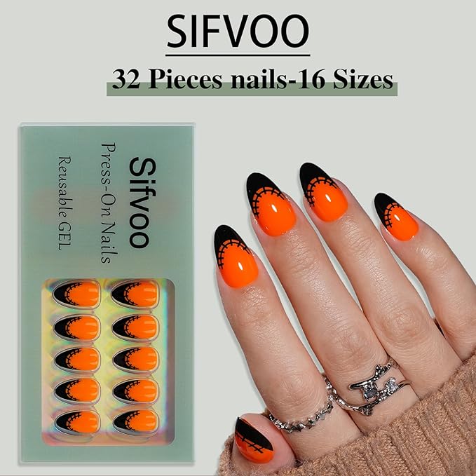 Orange French Tip Press On Nails Short Almond, Glossy Reusable Press On Nails for Women, 32 Count 16 Sizes Nail Kit with Glue (SV-09)