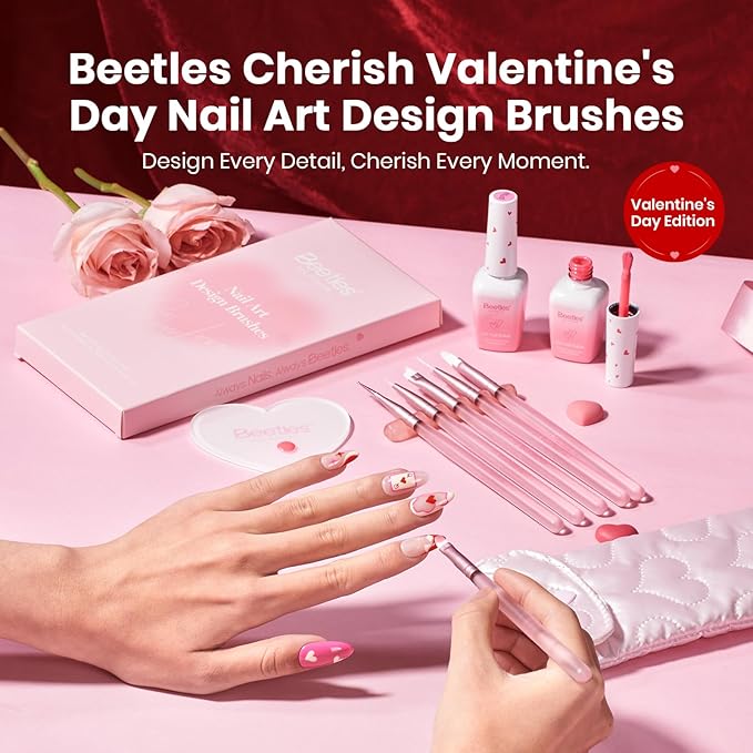 Beetles Nail Art Brushes 6pcs – Cherish Nail Art Tools Liner Brushes for Nails Dotting Tool Gradient French Manicure Design Pen with Heart Palette Brush Holder Pouch Bag, DIY Gift for Women