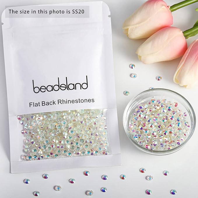 Beadsland Flat Back Crystal Rhinestones Round Gems for Nail Art and Craft Glue Fix, Transparent AB, 4.6-4.8mm, SS20/1440pcs