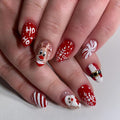 Christmas Press on Nails Medium Oval MABKJLF Fake Nails False Nails with Reindeer Snowflake Santa Stripes Designs Red Glossy Glue on Nail Winter Full Cover Acrylic Nails for Women Girls 24Pcs