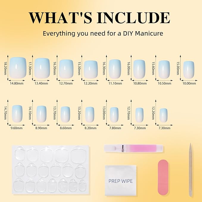 Press On Nails - Short Square Blue Fade Press on Nails Glossy Finish Nails Press Ons for Women DIY Fake Nails Kit with Glue, Reusable Glue on Nails Short in 15 Sizes - 30pcs, Sky Fade