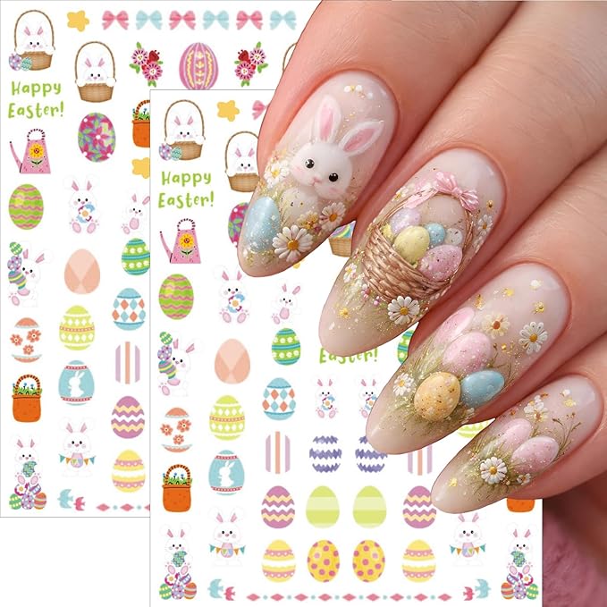 8 Sheets Easter Nail Stickers - 3D Self-Adhesive Easter Egg Bunny Chick Nail Decals - Cute Spring Holiday Nail Art Decorations for Girls Women Perfect Easter Basket Stuffers Gifts Party Favors