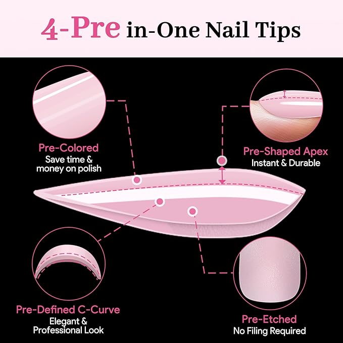 Medium Almond Pre-Building Nail Tips, 15 Sizes 240 PCS Pre-shaped Apex Pink Soft Press On Fake Nail Half Matte Gel Nail Extensions Strong Thick Acrylic Tip for DIY Beginners & Salon Manicure