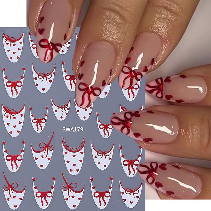 6Sheets French Tip Nail Art Stickers 3D Self Adhesive Valentines Nail Decals French Bow Nail Stickers Star Flower Bow Nail Design Heart Nail Supplies Decorations for Women Valentines Manicure