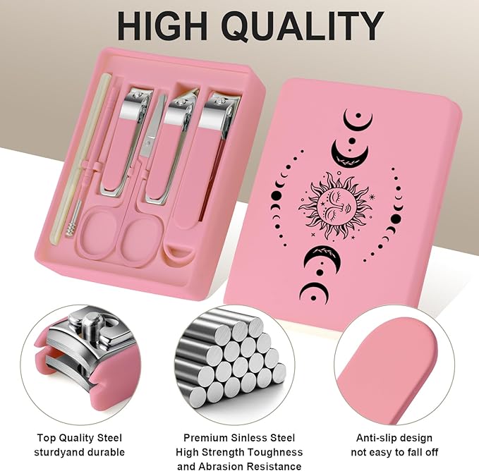 6-Piece Nail Clipper Set with Nail File, Tweezers and ingrown toenail Removal kit Travel Nail kit for Men and Women (Moon Pink)
