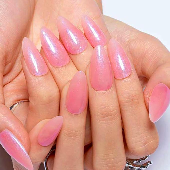 GLAMERMAID Pearl Pink Press on Nails Medium Almond, Handmade Nude Pink Neutral Jelly Sofy Gel Glue on Nail Stiletto, Glossy Fake Nails Short Oval，Reusable Acrylic Stick on False Nail Kits for Women