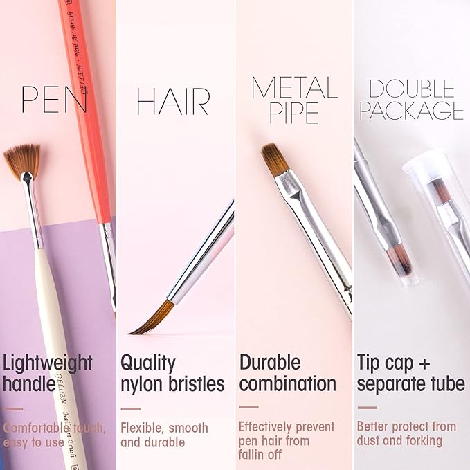 Gellen Nail Brushes for Nail Art 12Pcs - Nail Art Brushes Set Professional Acrylic & Gel Nail Brush Kit for Nail Art Design, Liner, Oval, Filbert, Fan, French Tip Nail Art Salon & Home DIY