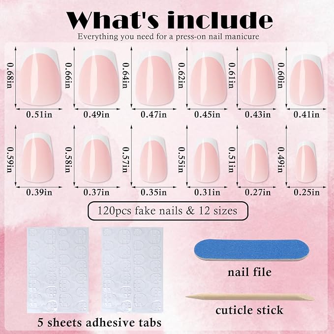 AddFavor French Press on Nails Short Coffin Fake Nails, 120pcs French Tip Press on Nails Short Ballerina Acrylic Gel Glossy Nude Nails Press on Artificial False Nail for Women Girls