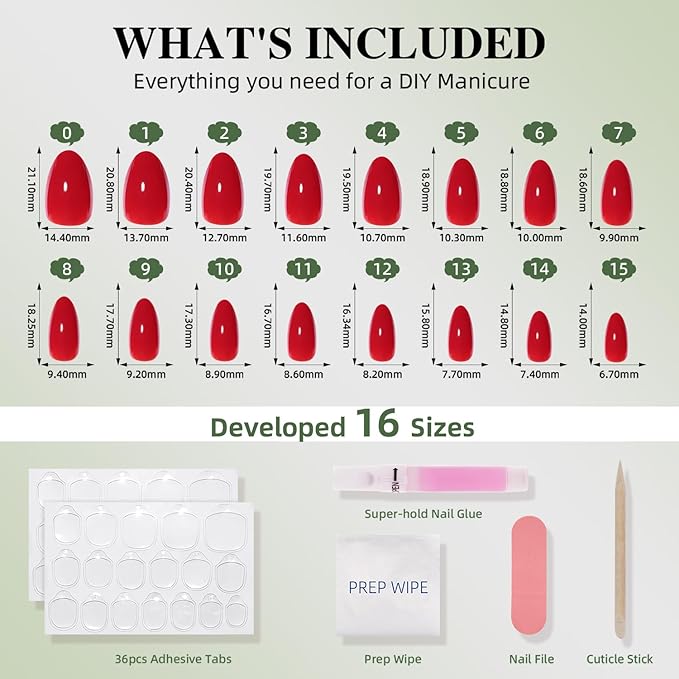 Red Press On Nails Almond - Red Milk Short Fake Nails, Almond Press On Nails Reusable Stick On Nails in 16 Sizes, 32pcs False Nail Kit for Women & Girls