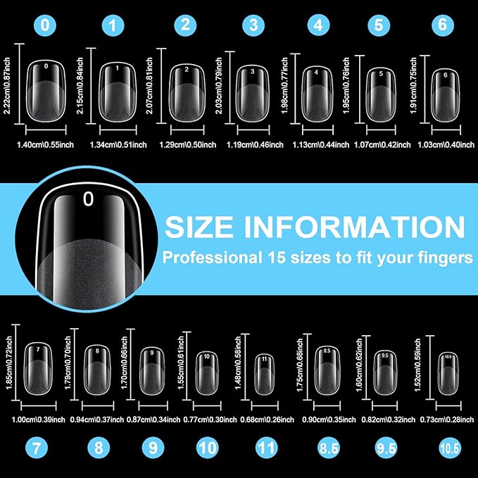 BlueZOO Gel Almond & Squoval Nail Tips 600Pcs - Medium 2 Shapes Acrylic Fake Nails Pre-etching Tapered Square and Almond Press On False Nail for Extension Manicure Home DIY Salon Supplies, 15 Sizes
