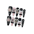 Gothic Punk Press on Nails, Long Stiletto Matte Black & Pink Nails, Silver Gothic Charms, Pink Rhinestones & 3D Art, Salon Nails Reusable & Easy Apply for Parties & Night Events (Size L)