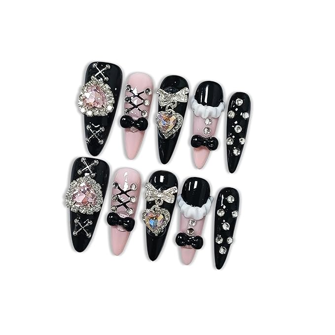 Gothic Punk Press on Nails, Long Stiletto Matte Black & Pink Nails, Silver Gothic Charms, Pink Rhinestones & 3D Art, Salon Nails Reusable & Easy Apply for Parties & Night Events (Size M)