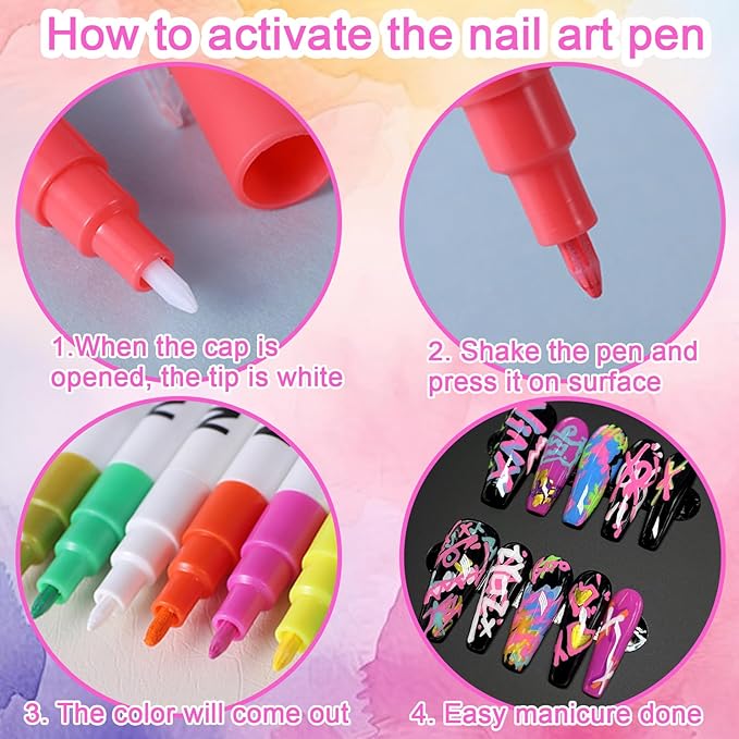 Nail Art Pens for Nail Painting, 12 Colors 0.7mm Nail Art Marker Pens for Valentine' Day Painting Nail Point Graffiti Dotting Liner Pen for Home Salon Quick Dry Manicure