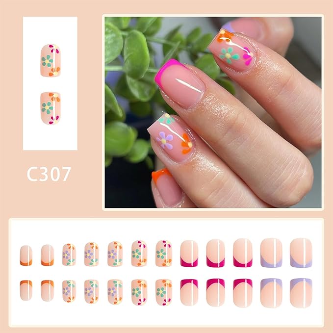French Press on Nails Short Square Nude Glossy False Nails with Designs Flower Full Cover Acrylic Glue on Nails Reusable Artificial Nail Art Tip for Women Gel Stick on Nails Art 24 PCS