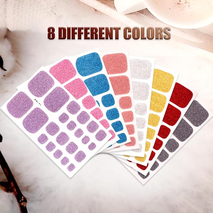 8 Sheets Glitter Toe Nail Wraps - Colorful Sparkly 3D Solid Color Polish Gel Stickers - Purple Self-Adhesive Designs for Women
