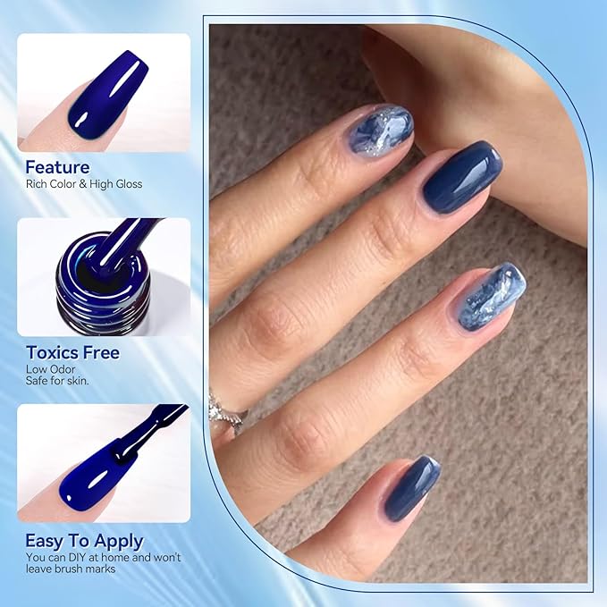 Born Pretty Blue Gel Nail Polish Set 6 Colors Spring Summer Light Baby Royal Blue Reflective Glitter Gel Polish Soak Off Nail Art Manicure DIY Design Home and Salon Holiday Gift