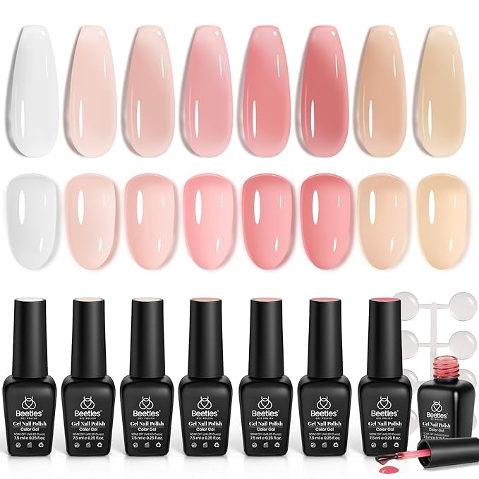 Beetles Jelly Gel Nail Polish Set, 8 Colors Nude Pink Neutral Sheer Milky White Gel Polish Kit Translucent Effect Spring Summer French Nail Art Nail Concealer Soak Off UV Manicure Gift for Women