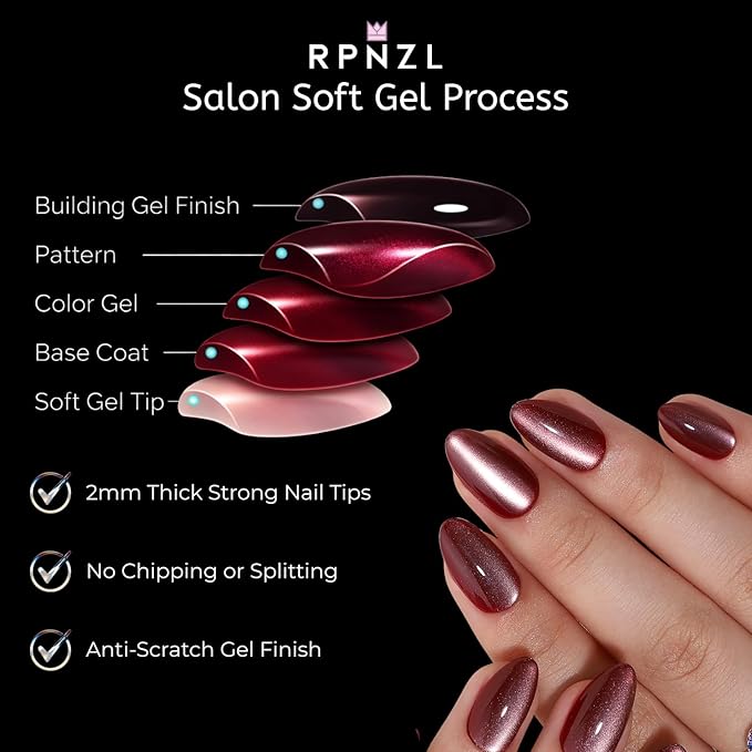 Press On Nails - Sorbet | Almond Cat Eye UV Finish Almond Nails, Salon Quality | 32 Nails, 16 Sizes Kit with Glue and Adhesive Tabs I Female Founded