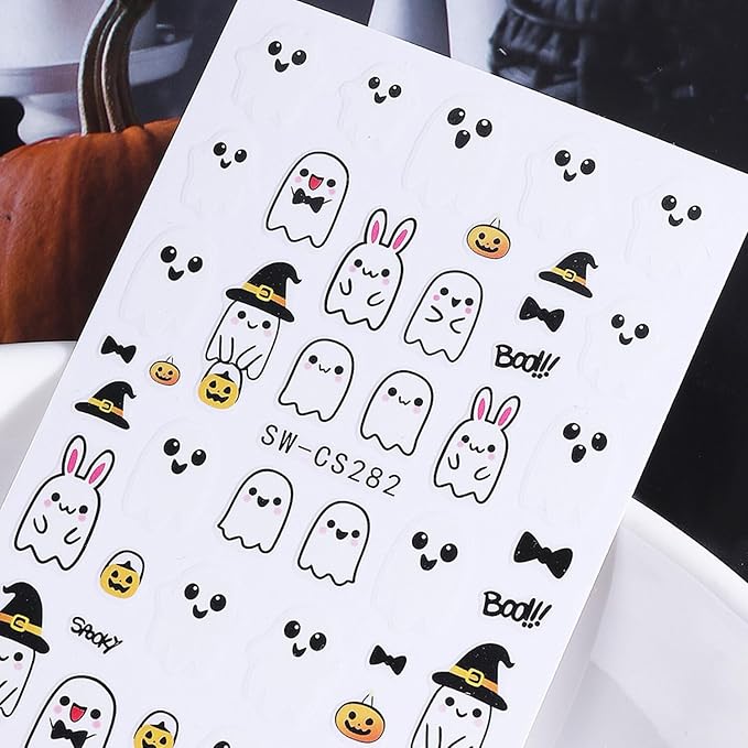 Halloween Nail Stickers for Nail Art Cute Ghost Black Cat Pumpkin 3D Self-Adhesive Nail Decals Nail Art Supplies Ghost Skull Flame Pumpkin Nails Design Manicure Stickers for Nails Decoration 6Sheets