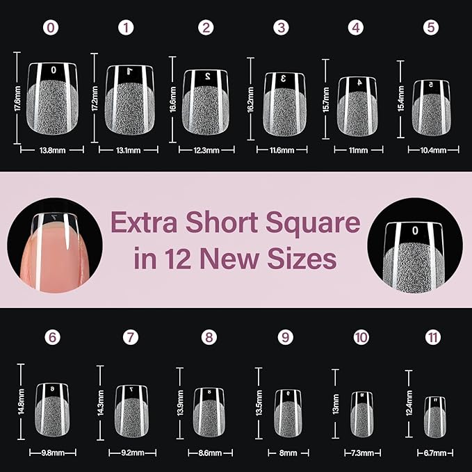 Misssix Extra Short Square Gel x Nail Tips Kit, 216Pcs Pre Etched Clear Fake Nails, Full Cover False Nail 9-in-1 Gel Glue and Portable Mini U V Nail Lamp for Women 12 Sizes