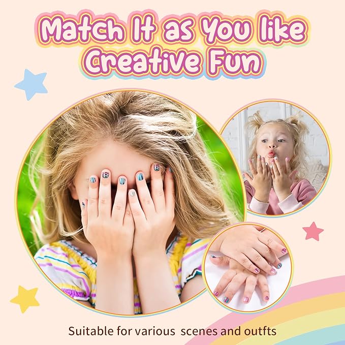 Modelones Press on Nails for Kids 144Pcs 6 Pack Children Acrylic Fake Nails Pre-glue Full Cover Glitter Color Mermaid Beach Short False Nail Art Kits Sets Thanksgiving Christmas Gifts for Girls