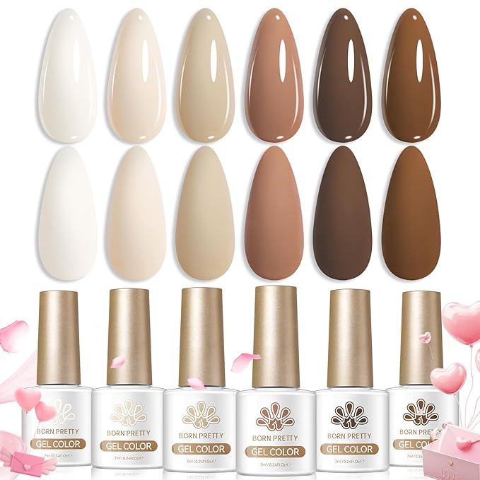 BORN PRETTY Nude Brown Gel Nail Polish Set 6 Colors Nude Skin Tone Beige Khaki Chocolate Coffee Soak Off U v Gel Polish Kit for Salon Manicure and Nail Art DIY at Home
