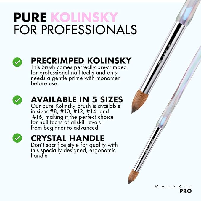 MakarttPro Kolinsky Crimped Acrylic Nail Brush for Acrylic Powder and EMA Monomer Application, Made for Professional Nail Technicians and Beginner Nail Students, Size #16