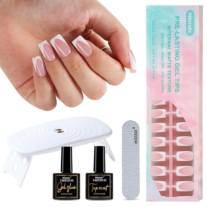 Misssix Deep French Tip Press On Nails, 160Pcs French Gel Nail Tips, Short Square Soft Gel Fake Nails, X-BASIC Tips Starter Kit for Nail Art DIY 16 Sizes