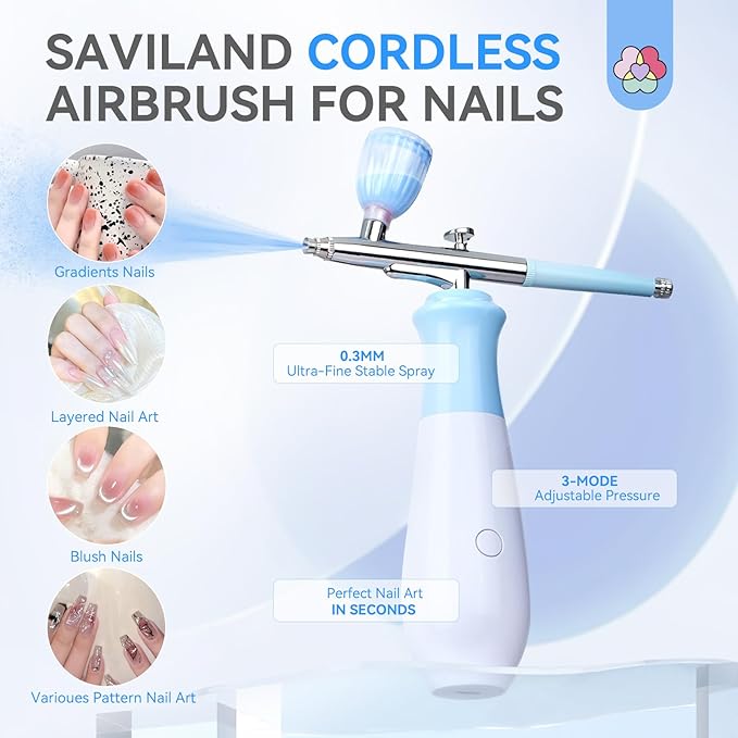 SAVILAND 25 PSI Airbrush Kit: Rechargeable Nail Airbrush Machine 3 High-Pressure Modes Cordless Airbrush for Nails with Compressor 0.3 mm Nano Nozzle Airbrush Paint for Nails Art with Cleaning Tools
