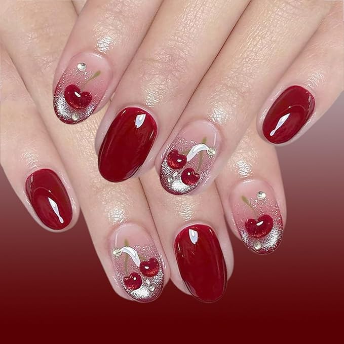 Almond Press on Nails Short Fake Nails Red Acrylic Nail Press ons SEENEEY Cat eyeCherry Stick on Nail for Women 24pcs